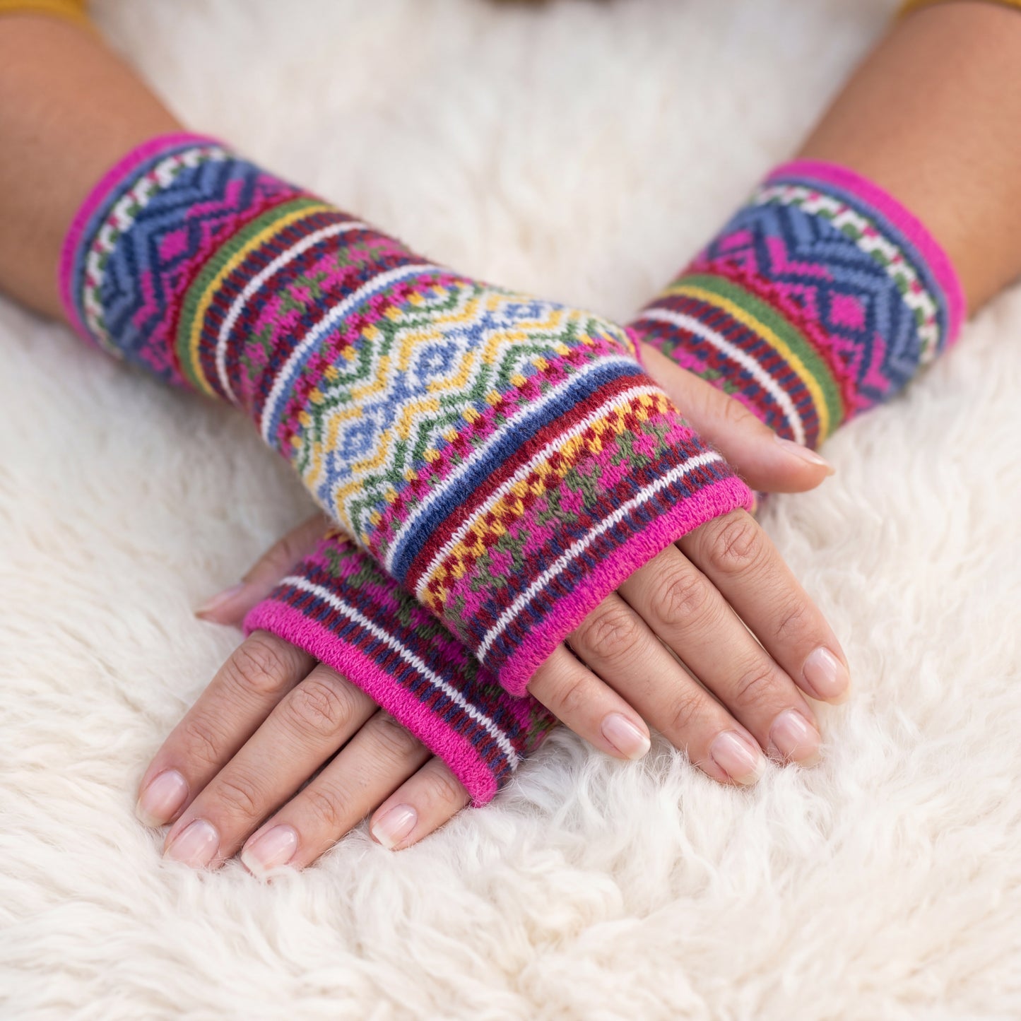 Pink Alpaca Fingerless Gloves - Fair Isle Style