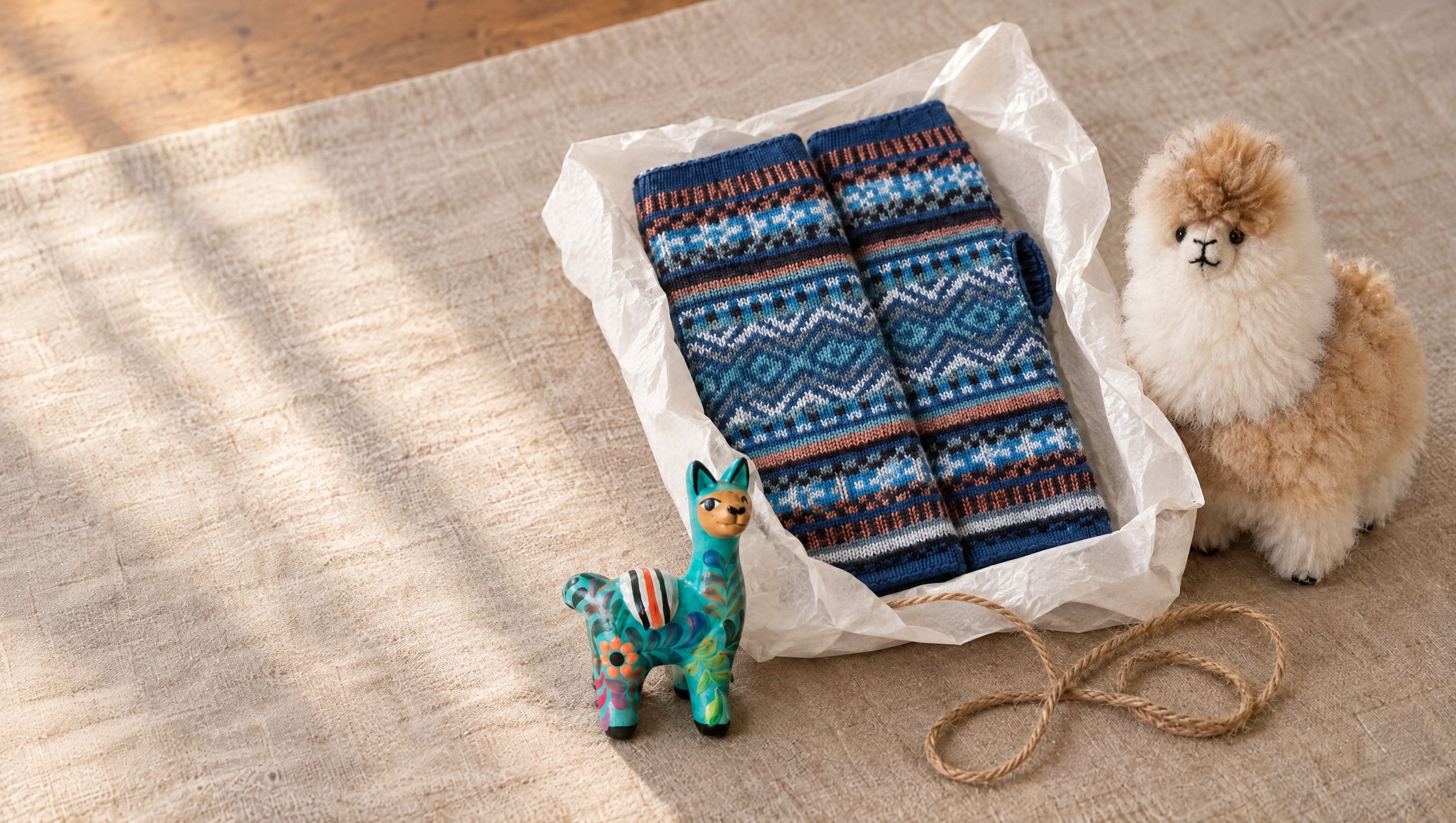 Fair Isle alpaca fingerless gloves wrapped in white paper, beside an alpaca soft toy and a painted ceramic llama