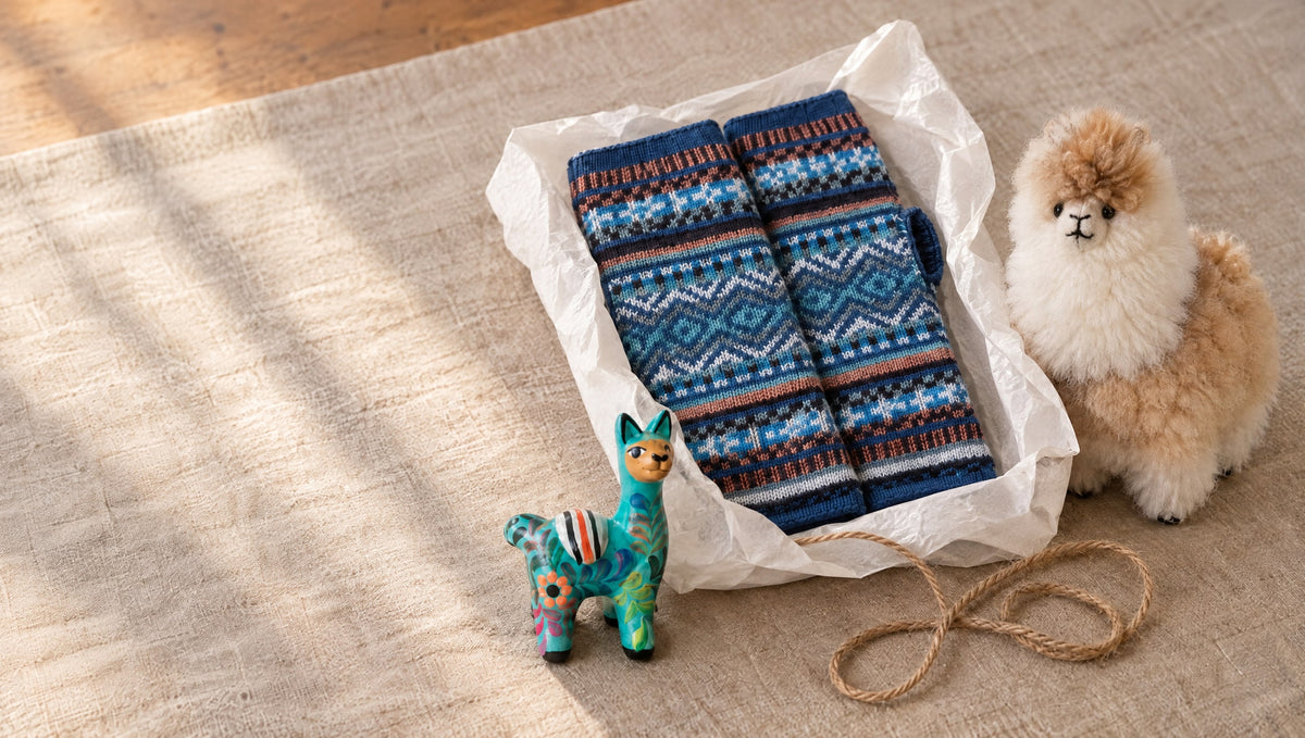 A pair of blue Fair Isle alpaca fingerless gloves wrapped in white paper with twine, beside a fawn alpaca soft toy and a hand-painted turquoise ceramic llama