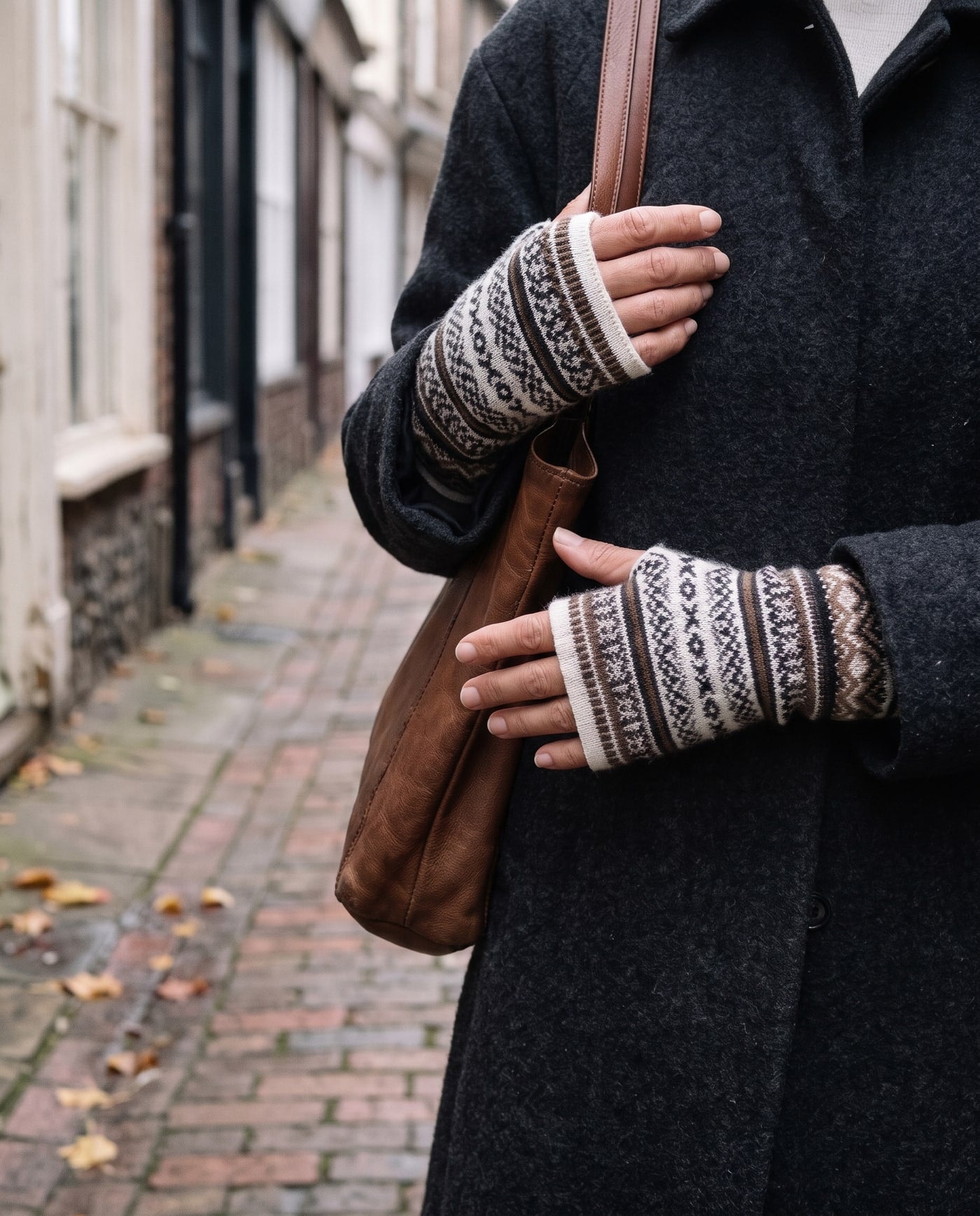 Fair Isle alpaca fingerless gloves worn on a walk through Brighton's Lanes