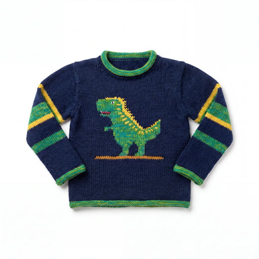 Navy Dinosaur Hand-Embroidered Alpaca Kids Jumper on a plain white background