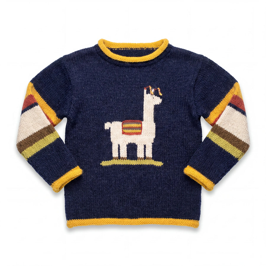 Navy Llama Hand-Embroidered Alpaca Kids Jumper on a plain white background