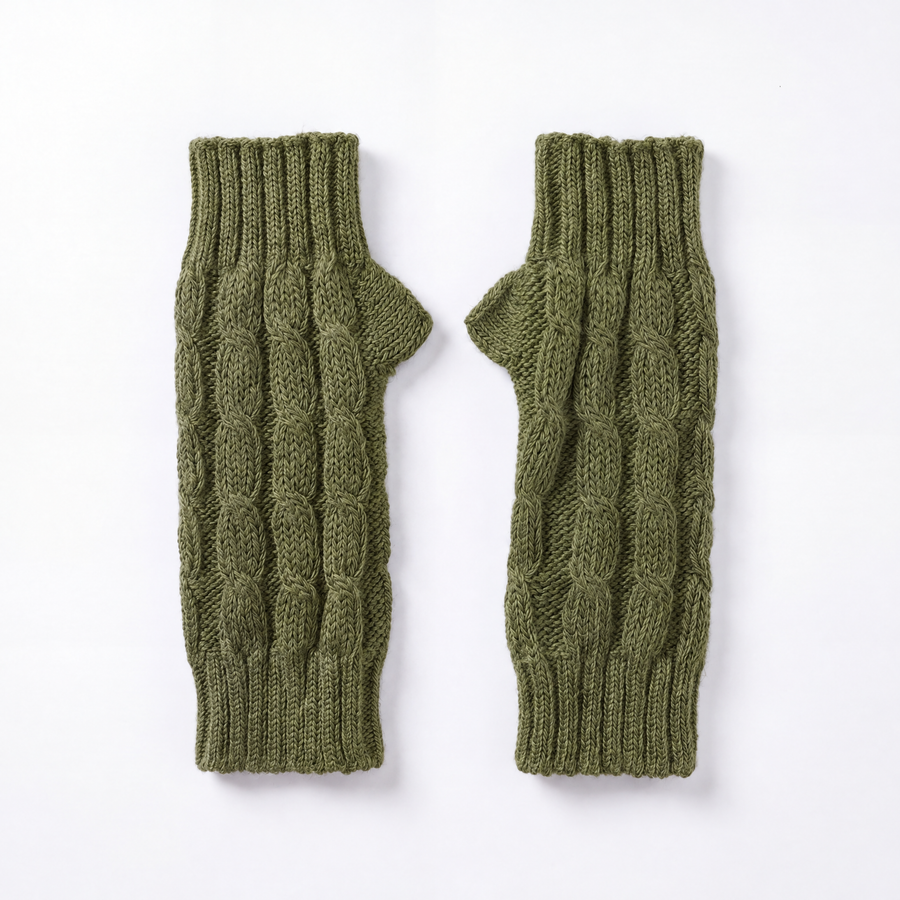 Olive Green Cable Knit Alpaca Fingerless Gloves on a plain white background