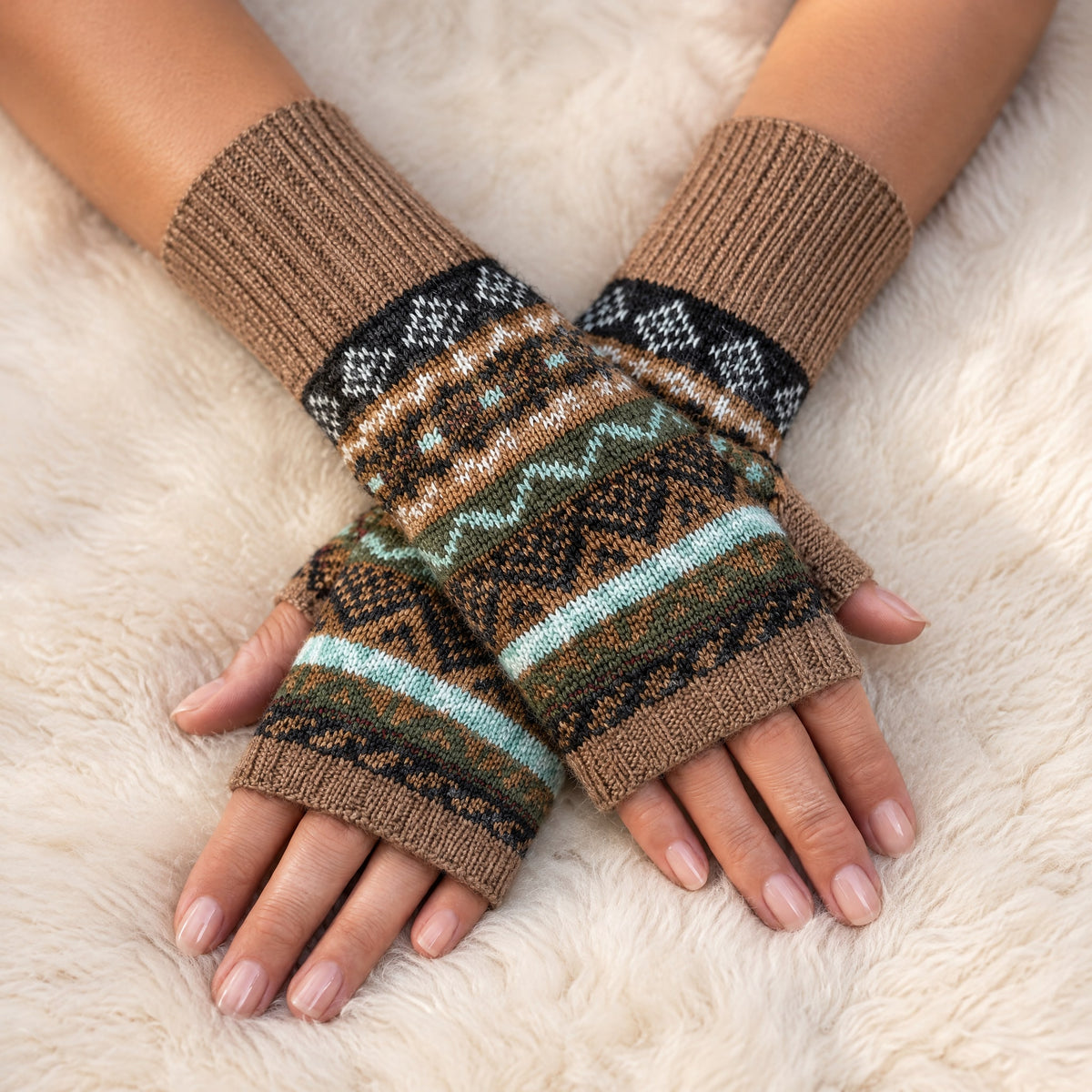 Camel Fair Isle Alpaca Fingerless Gloves worn on hands resting on a sheepskin rug