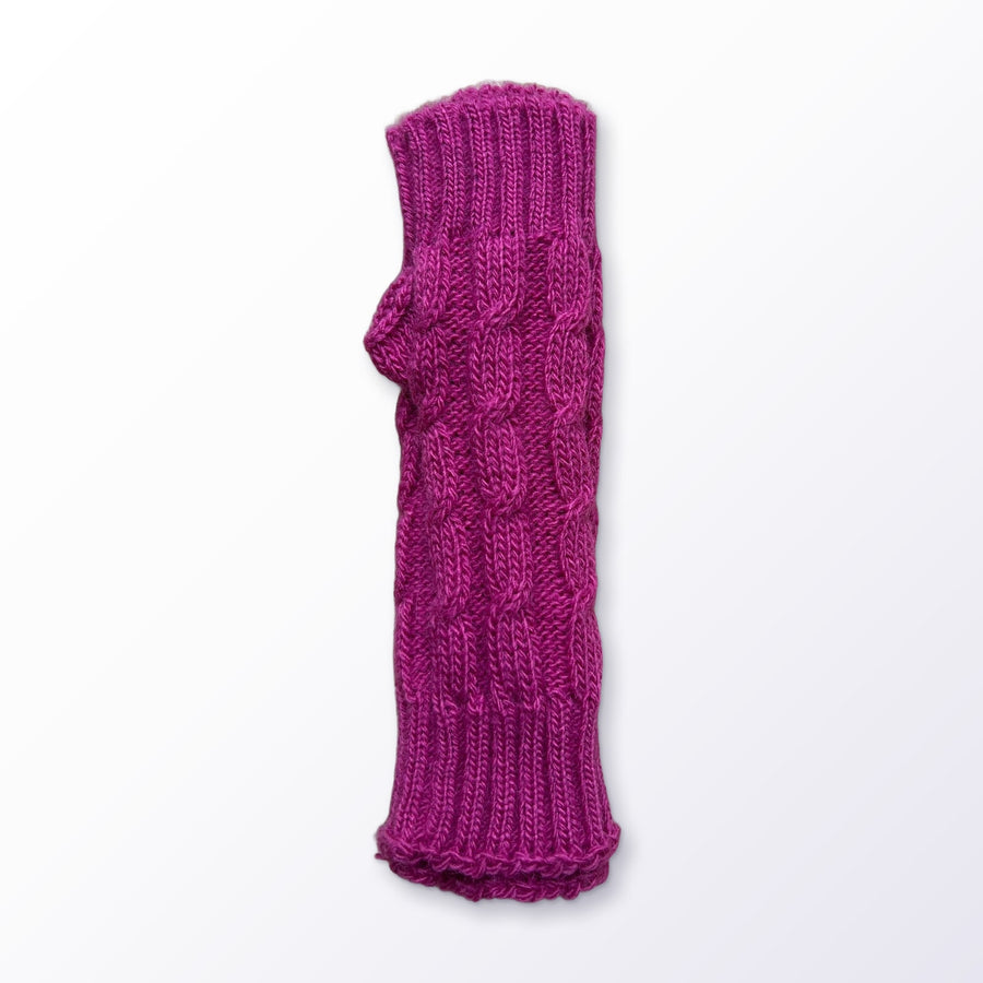 Fuchsia Pink Cable Knit Alpaca Fingerless Gloves on a plain white background