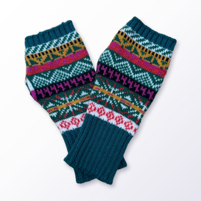 Alpaca Motif Fair Isle Fingerless Gloves on a plain white background