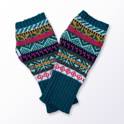 Alpaca Motif Fair Isle Fingerless Gloves on a plain white background