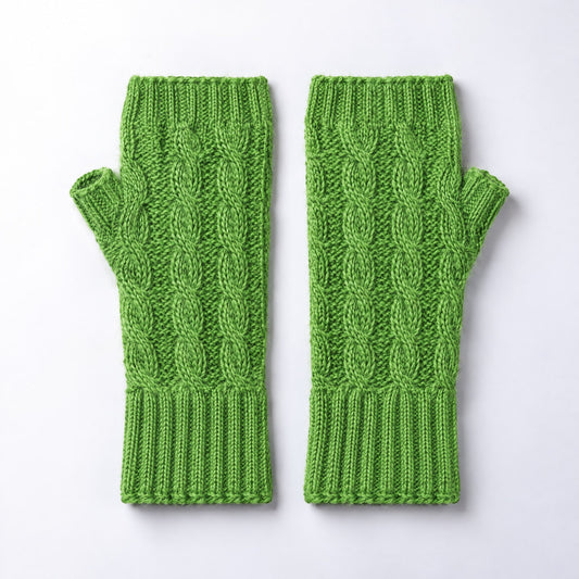 Apple Green Cable Knit Alpaca Fingerless Gloves on a plain white background