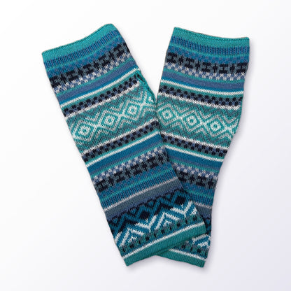 Aqua & Teal Fair Isle Baby Alpaca Fingerless Gloves on a plain white background