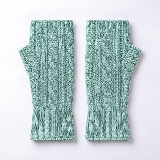 Aquamarine Cable Knit Alpaca Fingerless Gloves on a plain white background