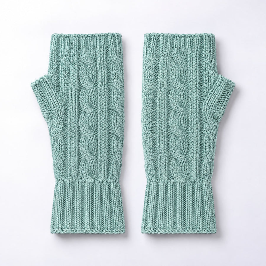 Aquamarine Cable Knit Alpaca Fingerless Gloves on a plain white background