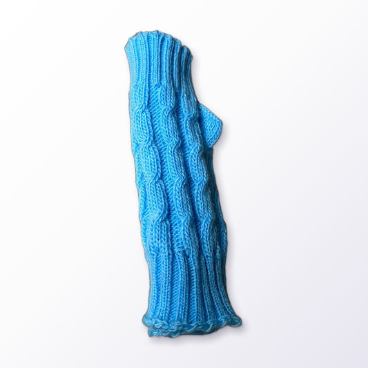 Baby Blue Cable Knit Alpaca Fingerless Gloves on a plain white background
