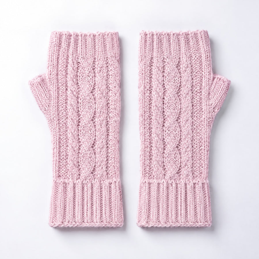 Baby Pink Cable Knit Alpaca Fingerless Gloves on a plain white background