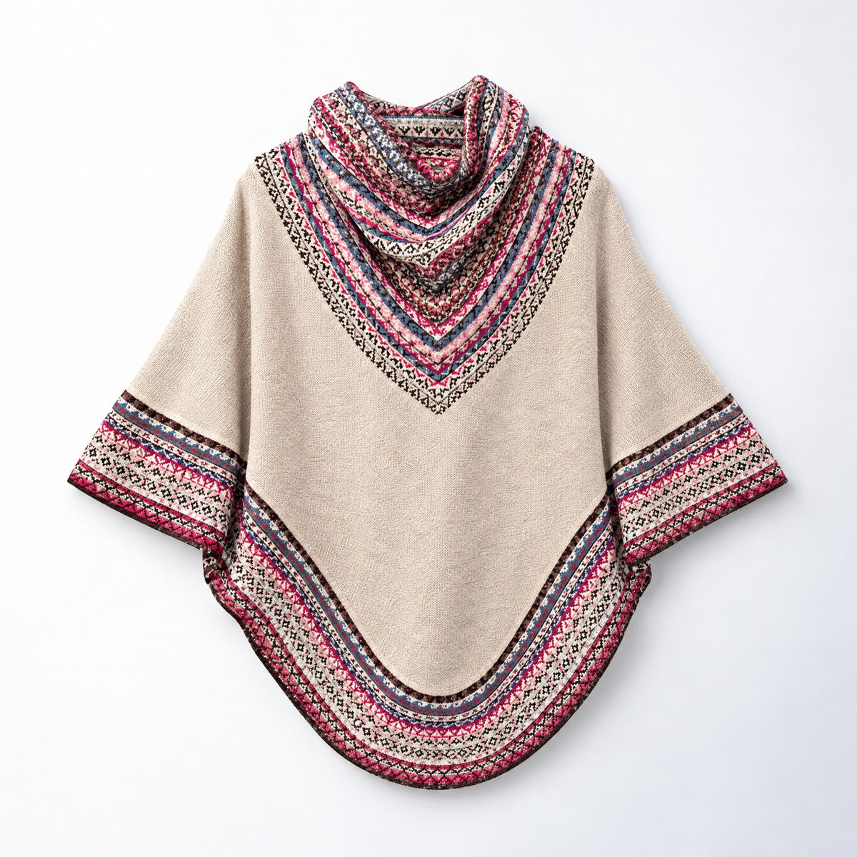 Beige Fair Isle Alpaca Poncho with Sleeves on a plain white background