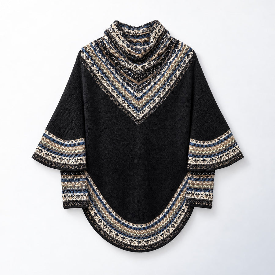 Black & Cream Fair Isle Alpaca Poncho with Sleeves on a plain white background