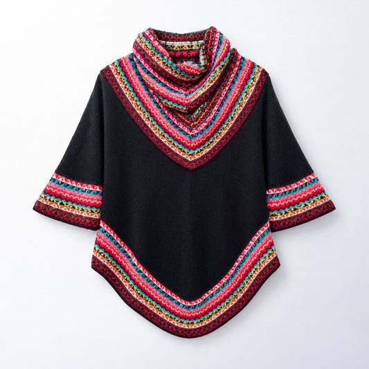Black & Pink Fair Isle Alpaca Poncho with Sleeves on a plain white background