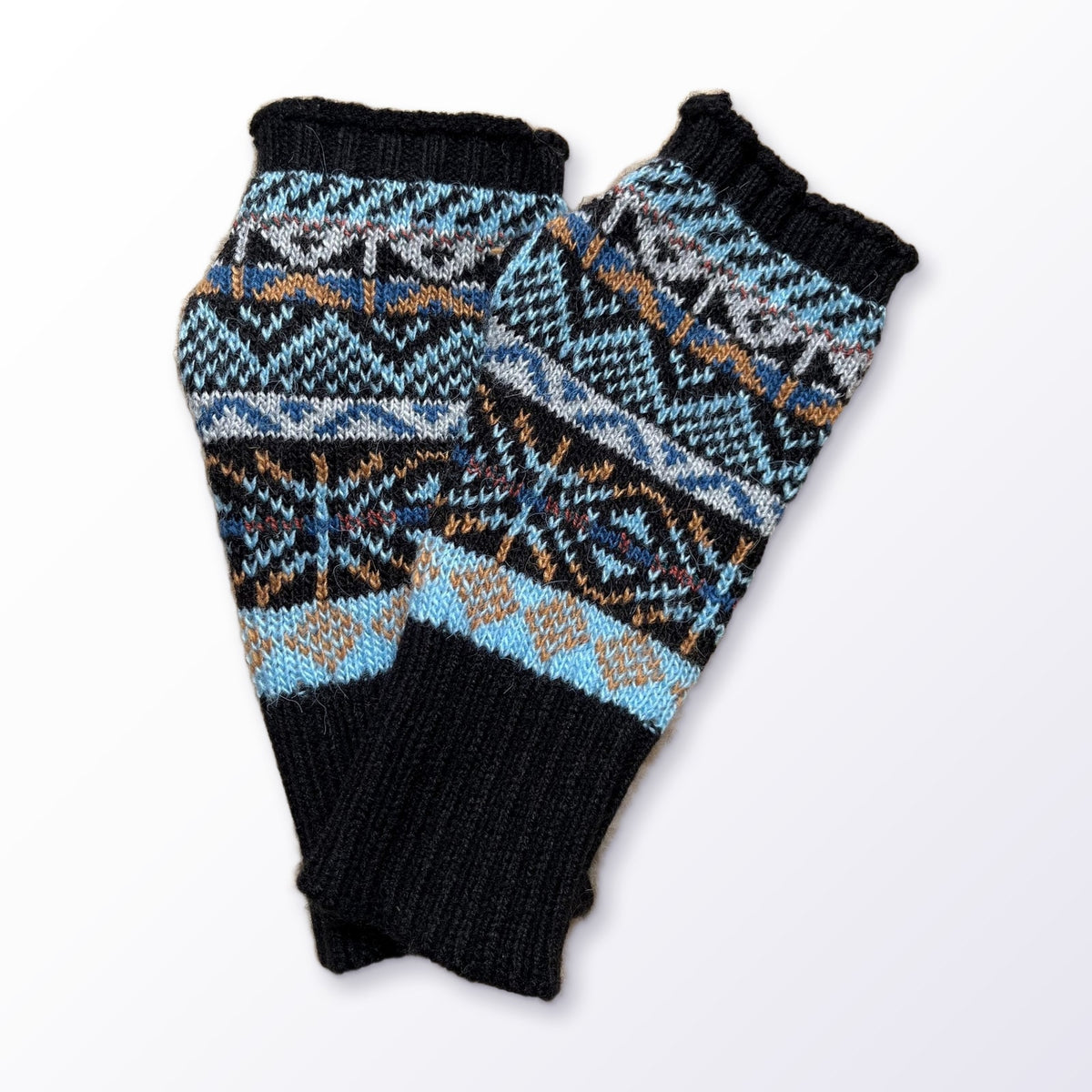 Black & Blue Fair Isle Alpaca Fingerless Gloves on a plain white background