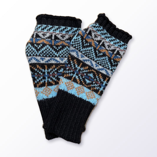 Black & Blue Fair Isle Alpaca Fingerless Gloves on a plain white background