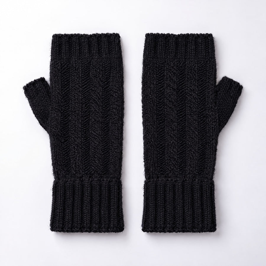 Black Cable Knit Alpaca Fingerless Gloves on a plain white background