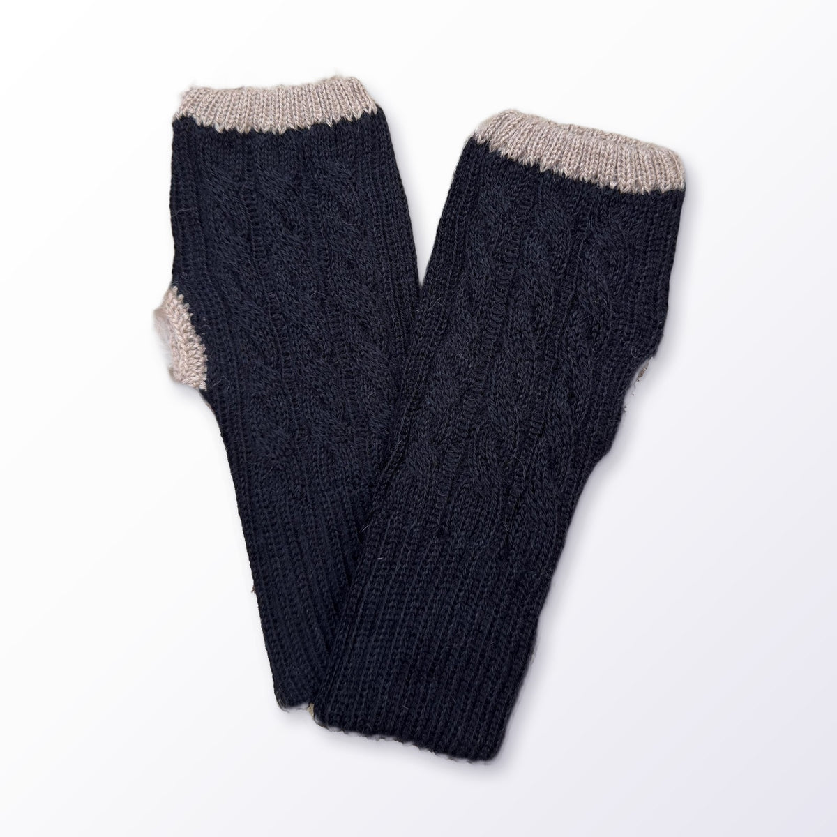 Black & Camel Reversible Cable Knit Baby Alpaca Fingerless Gloves on a plain white background