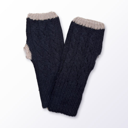 Black & Camel Reversible Cable Knit Baby Alpaca Fingerless Gloves on a plain white background