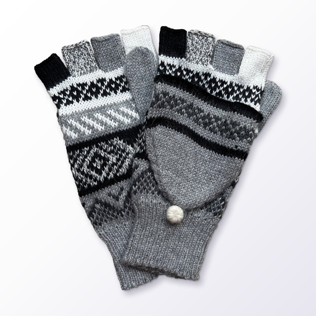 Black & Grey Fair Isle Convertible Alpaca Mittens on a plain white background