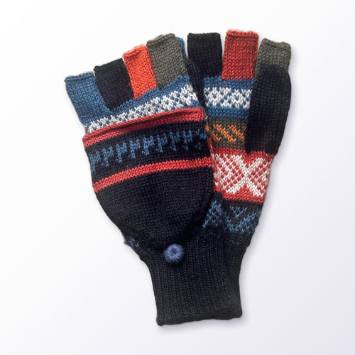 Black & Navy Fair Isle Convertible Alpaca Mittens on a plain white background