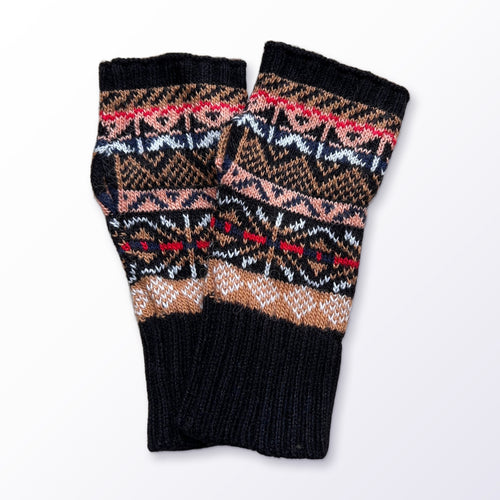 Black & Peach Fair Isle Alpaca Fingerless Gloves on a plain white background