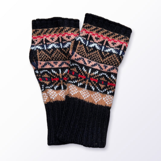 Black & Peach Fair Isle Alpaca Fingerless Gloves on a plain white background