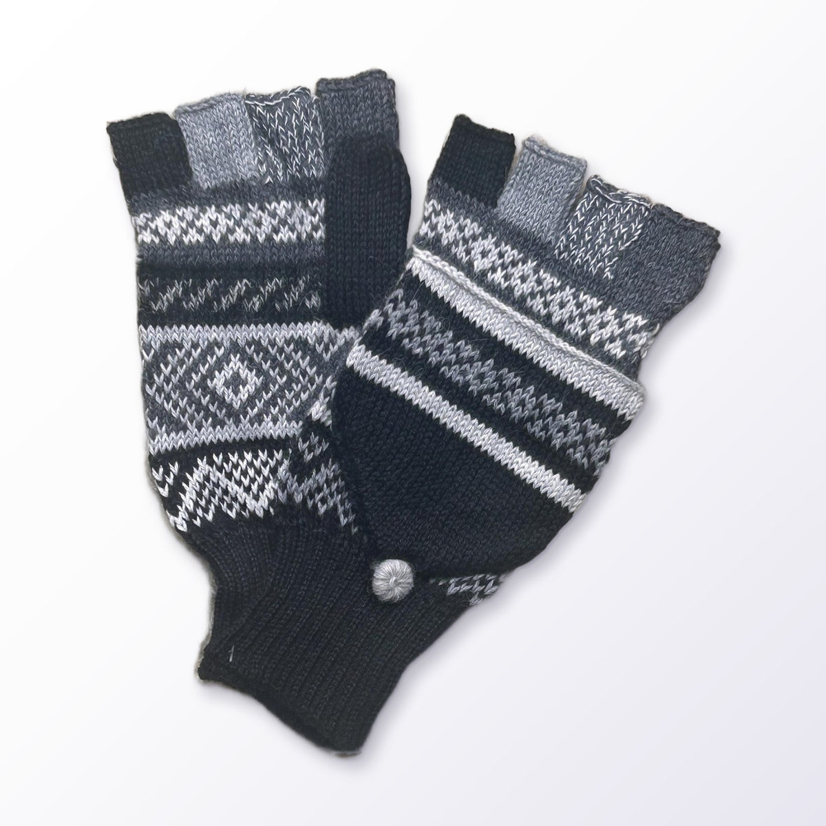 Black & Raspberry Fair Isle Convertible Alpaca Mittens on a plain white background