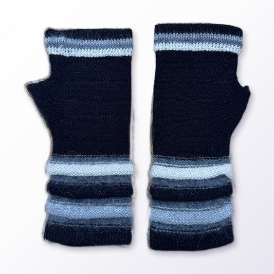 Black Striped Cuff Baby Alpaca Fingerless Gloves on a plain white background