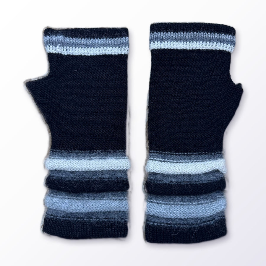 Black Striped Cuff Baby Alpaca Fingerless Gloves on a plain white background