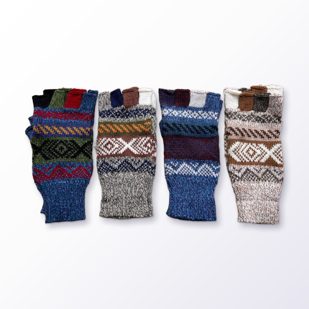 Blue & Oatmeal Andean Fair Isle Half-Finger Alpaca Gloves on a plain white background