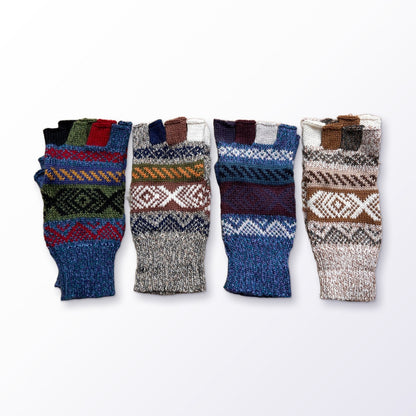 Blue & Oatmeal Andean Fair Isle Half-Finger Alpaca Gloves on a plain white background
