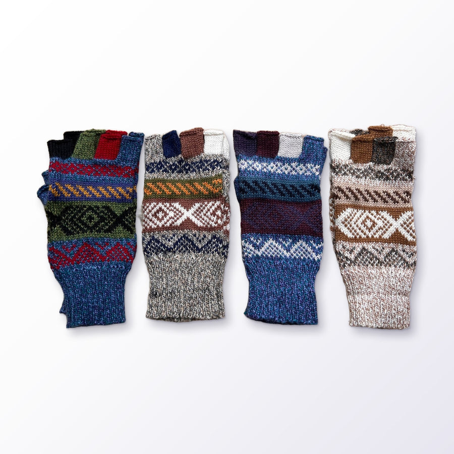 Blue & Oatmeal Andean Fair Isle Half-Finger Alpaca Gloves on a plain white background