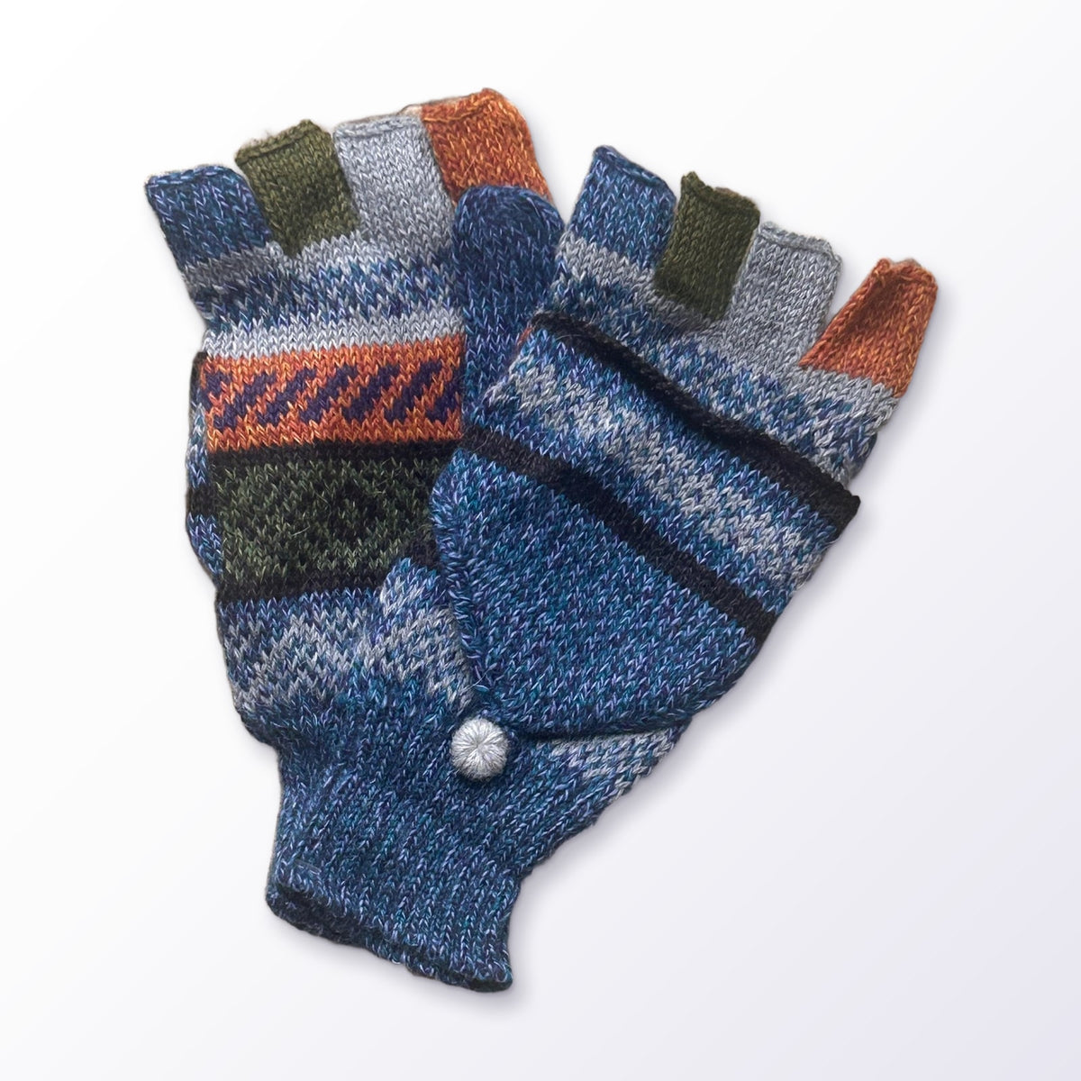 Blues & Greys Fair Isle Convertible Alpaca Mittens on a plain white background