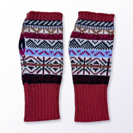 Brick Red Fair Isle Alpaca Fingerless Gloves on a plain white background