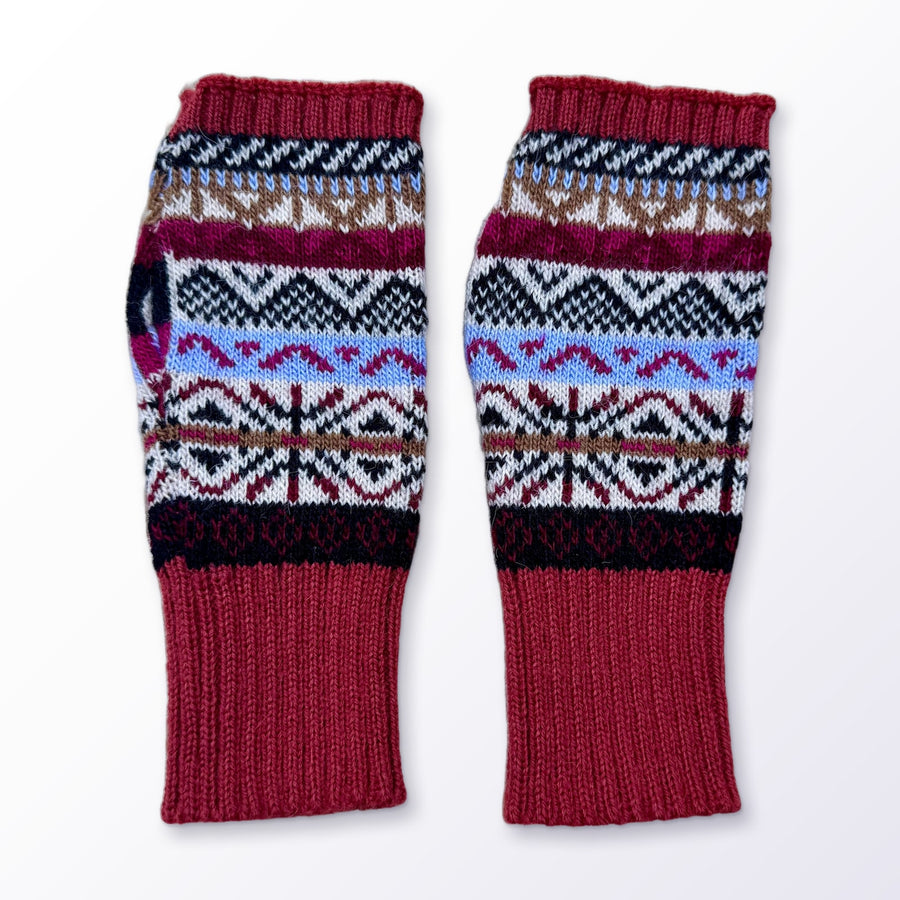 Brick Red Fair Isle Alpaca Fingerless Gloves on a plain white background