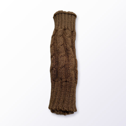 Brown Cable Knit Alpaca Fingerless Gloves on a plain white background