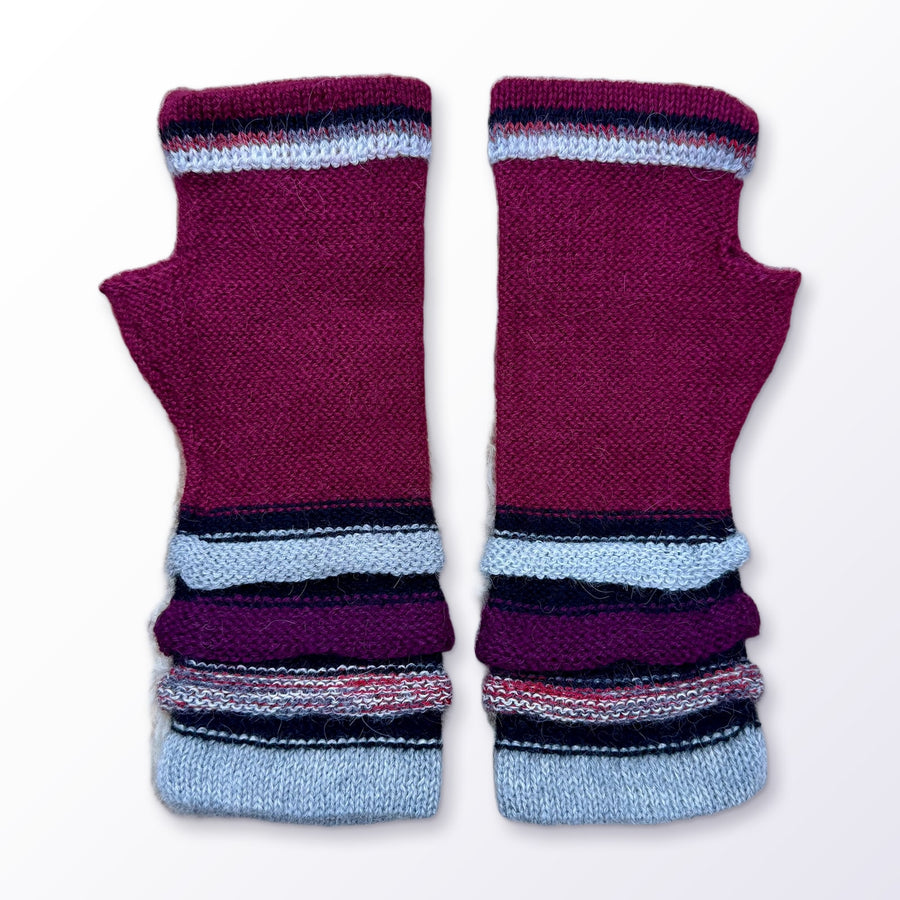 Burgundy Striped Cuff Baby Alpaca Fingerless Gloves on a plain white background