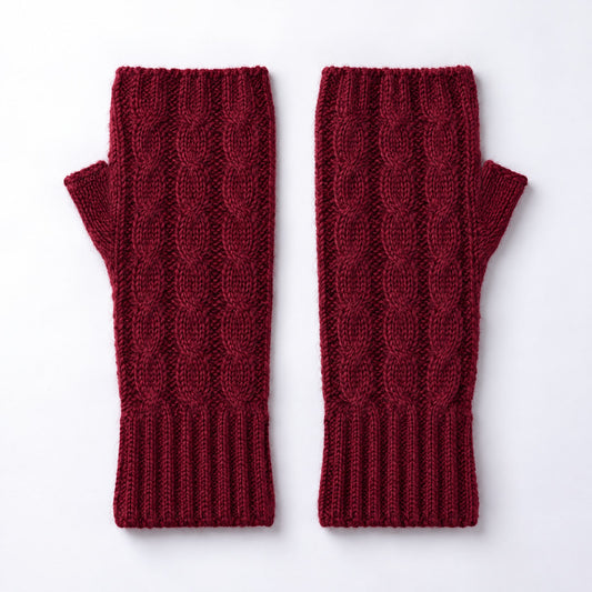 Burgundy Cable Knit Alpaca Fingerless Gloves on a plain white background