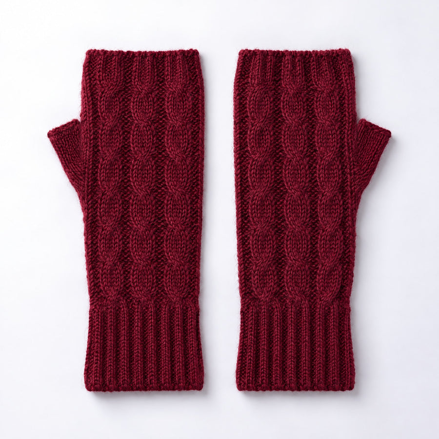 Burgundy Cable Knit Alpaca Fingerless Gloves on a plain white background
