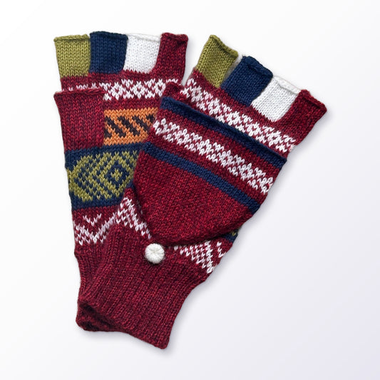 Burgundy & Charcoal Llama Half-Thumb Convertible Alpaca Mittens on a plain white background