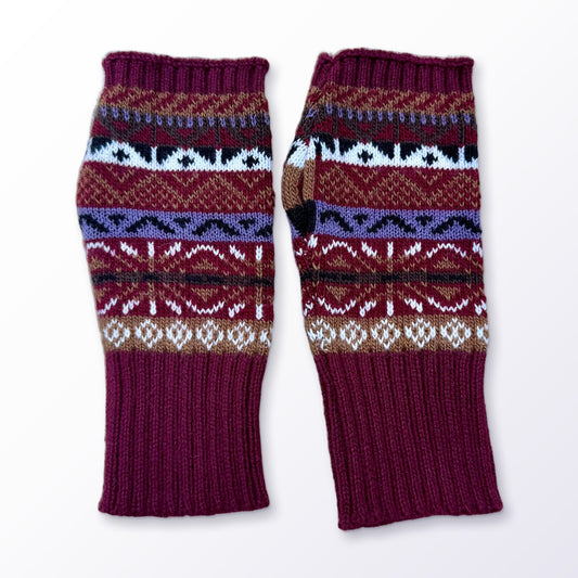 Burgundy Fair Isle Alpaca Fingerless Gloves on a plain white background