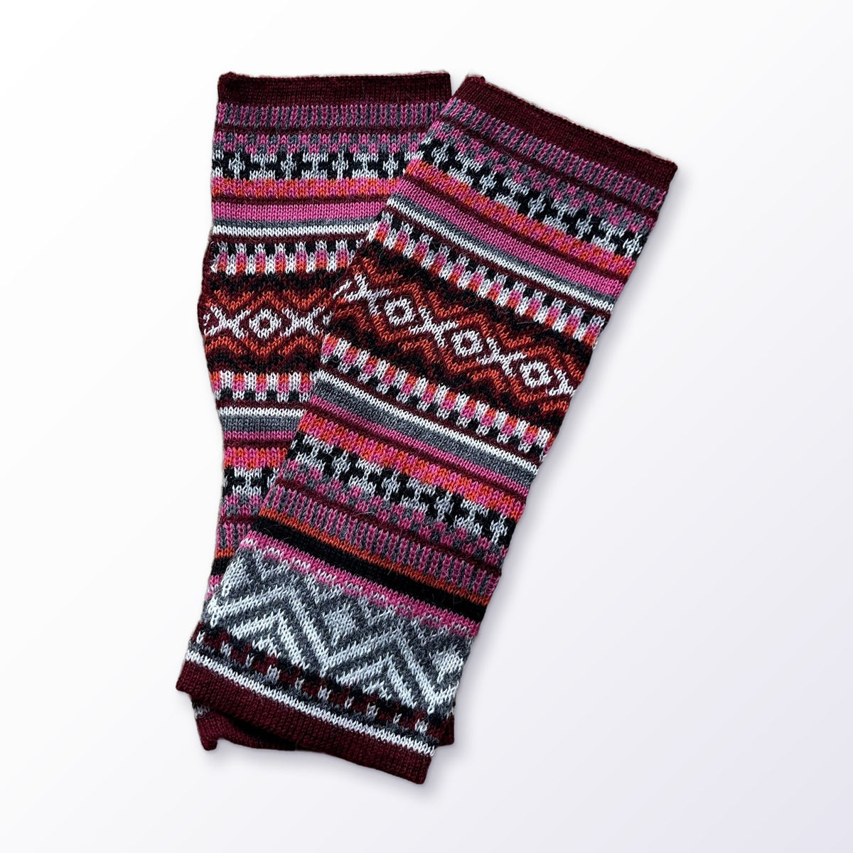 Burgundy & Pink Fair Isle Baby Alpaca Fingerless Gloves on a plain white background