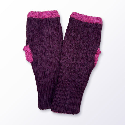 Burgundy & Pink Reversible Cable Knit Baby Alpaca Fingerless Gloves on a plain white background