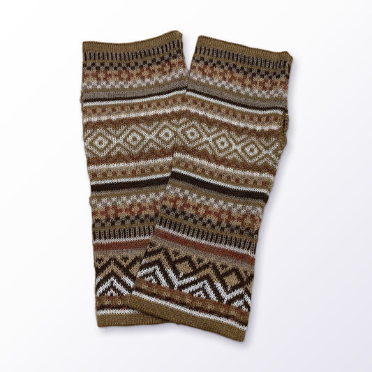 Camel & Cream Fair Isle Baby Alpaca Fingerless Gloves on a plain white background
