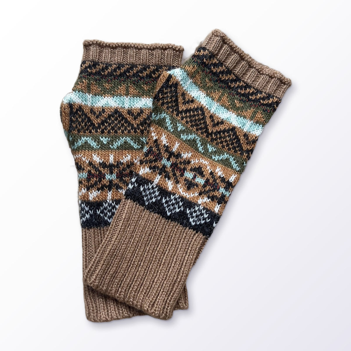Camel Fair Isle Alpaca Fingerless Gloves on a plain white background