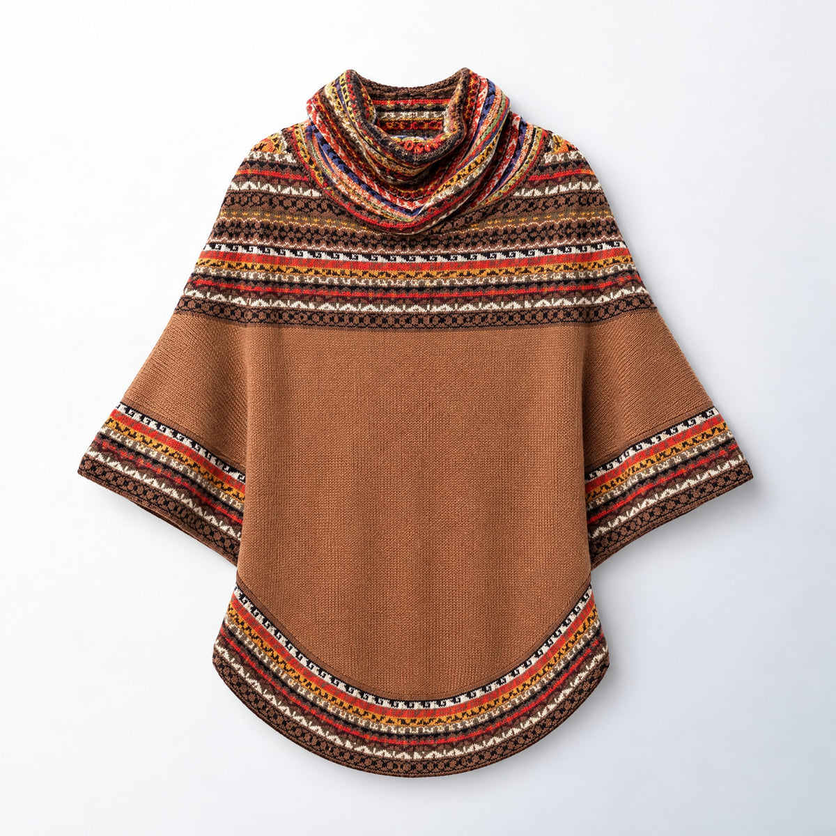 Camel Fair Isle Alpaca Poncho with Sleeves on a plain white background
