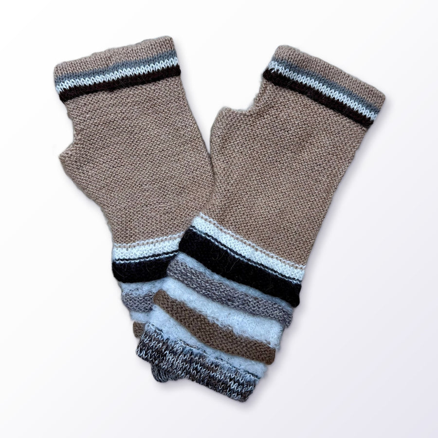Camel Striped Cuff Baby Alpaca Fingerless Gloves on a plain white background
